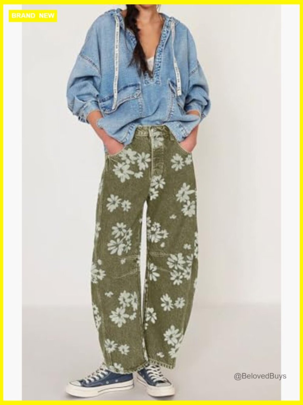 Y2k Distressed Barrel Jeans Baggy Wide Leg Floral Printed Boyfriend Patchwork - Picture 3 of 7